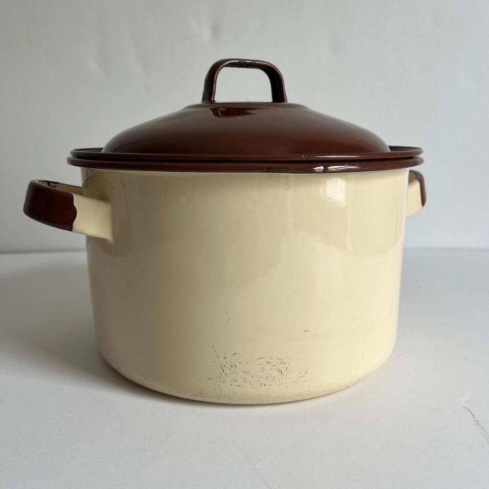 Vintage 1960s Two Tone Enamel Pot with Lid - Beige with Brown Handles Midcentury